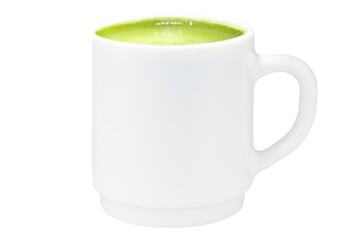 Hot matcha latte in a cup isolated on a transparent background.