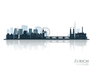 Naklejka premium Zurich skyline silhouette with reflection. Landscape Zurich, Switzerland. Vector illustration.