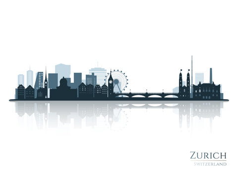 Zurich skyline silhouette with reflection. Landscape Zurich, Switzerland. Vector illustration.