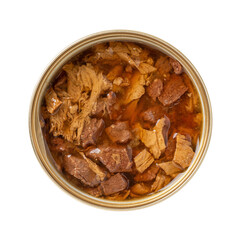 Open can of wet cat food isolated on a white background. Jar of canned meat and liver pieces in a...
