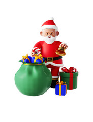 3D Santa Claus holding candy cane and bell with bunch of gifts
