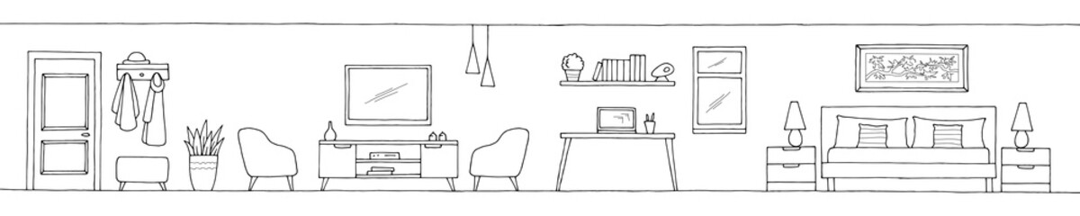Apartment interior graphic black white long sketch illustration vector 