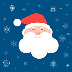 Flat christmas illustration with smiling Santa on dark blue background with snowflakes..