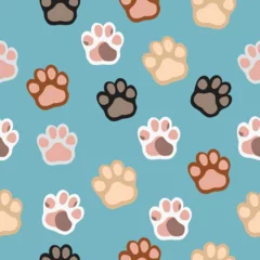 Foto op Canvas Seamless pattern with different paws on blue background © Pragna_Art