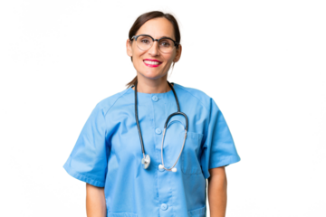 Middle-aged nurse woman over isolated background with glasses and happy
