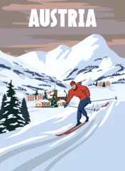 Zelfklevend Fotobehang Austria Ski resort poster, retro. Alpes Winter travel card © hadeev