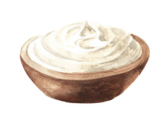 Sour cream in a wooden bowl. Hand  drawn watercolor illustration isolated on white background
