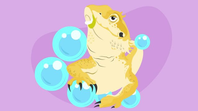 A giant lizard with bubbles in a purple background