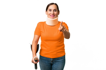 Middle-aged caucasian woman wearing neck brace over isolated background showing and lifting a finger