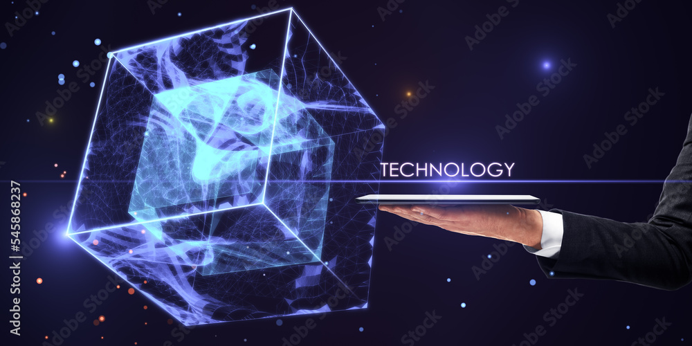 Poster internet system innovation and future concept with digital tablet on man hand with technology sign a