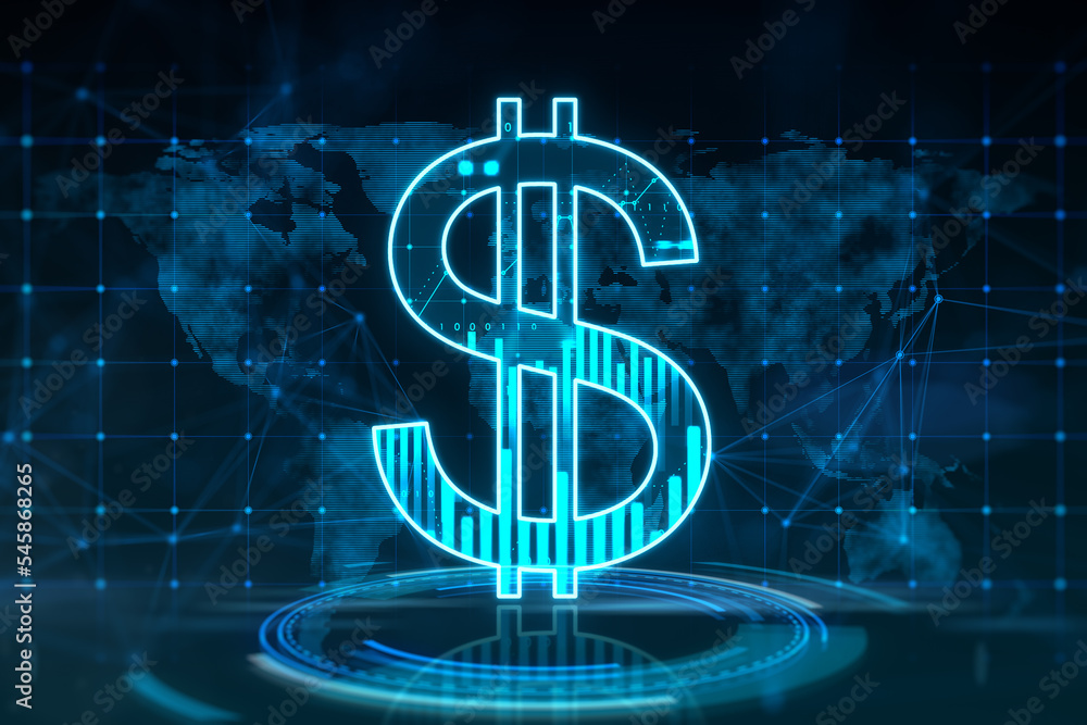 Aufkleber international and global market currency concept with digital dollar sign on blue circle on dark bac