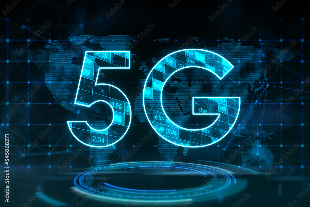Aufkleber Fast speed connection and modern technologies concept with digital 5G symbol above blue circle on dark background with world map silhouette. 3D rendering
