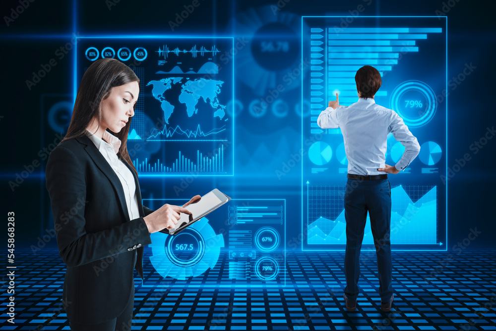 Aufkleber back view of attractive young businessman using abstract glowing blue business charts and graphs hol