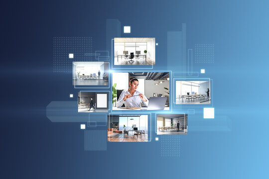 Mood board or online education concept with screens of lifestyle human pictures on light blue background