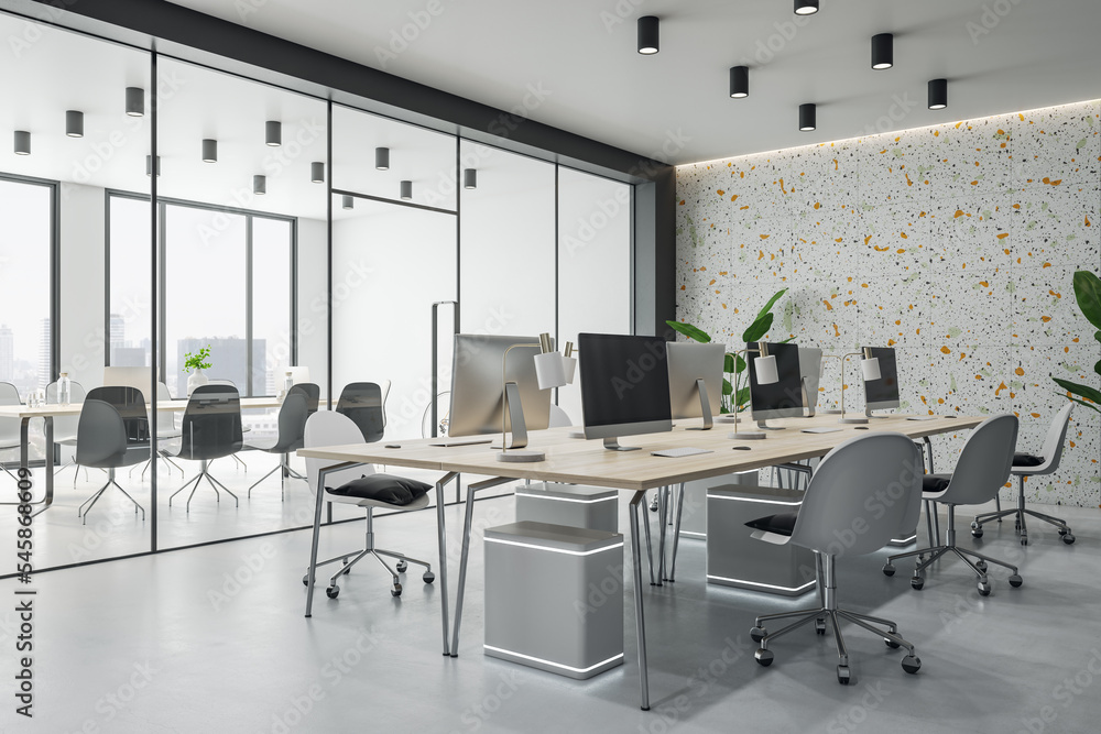 Poster Perspective view on stylish workspace wooden tables with modern computers in spacious coworking office with glass partitions, colorful wall and light grey floor. 3D rendering
