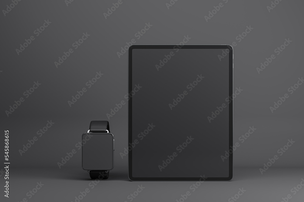 Poster front view on blank black modern digital tablet and smart watches screens with place for your logo o