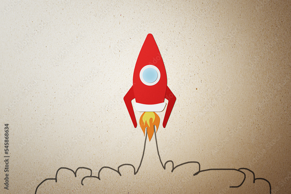 Aufkleber creative image of red rocket sketch flying up on light background. start up and business ideas conce