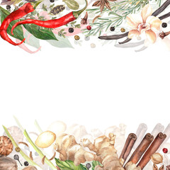 Spices Watercolor. Set. Illustration for clipart. Designed for menus, culinary blogs, packaging, textiles, web design, sites, stickers, invitations, patterns, logos. Drawn by hand.