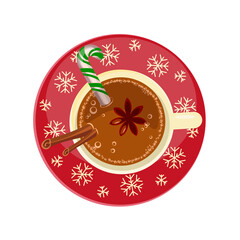 Cup of hot coffee with aromatic cinnamon and christmas candy