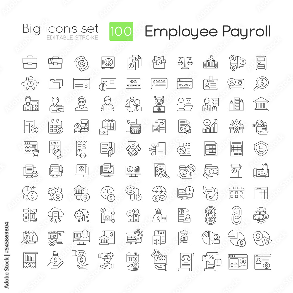 Poster employee payroll linear icons set. wage payment regulation. accounting service. customizable thin li