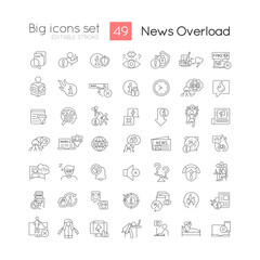 News overload linear big icons set. Information consumption. Media diet. Content hygiene. Mental health. Customizable thin line symbols. Isolated vector outline illustrations. Editable stroke