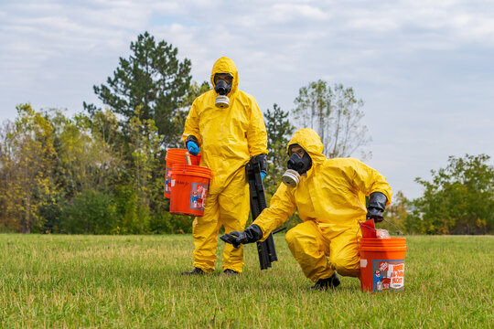 People in chemical protection suits are looking for a source of radiation contamination. October 12, 2022 Balti Moldova