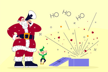 Christmas banner with cute elf, opened gift and Santa Claus