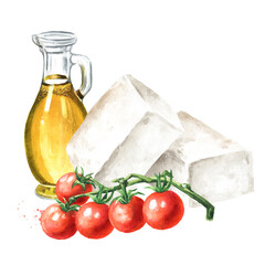 White brine cheese with olive oil and tomatoes. Hand  drawn watercolor illustration, isolated on white background