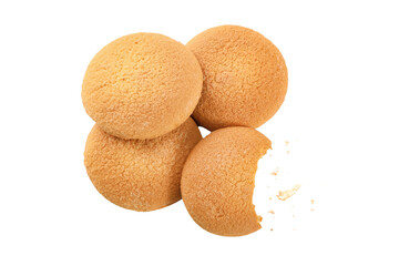 Cookies policy concept - heap of whole biscuits and one bitten with crumbs isolated on a transparent background