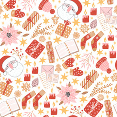 Seamless pattern for New Year and Christmas. Cute hand-drawn illustration with holiday mood. Cozy winter elements like gifts, stars and Santa.