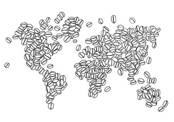 Freehand drawing of coffee bean arrange in world map.