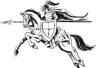 Knight in armor on a horse, black and white illustration