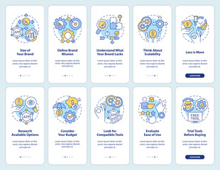 Choosing business tools tips onboarding mobile app screen set. Walkthrough 5 steps editable graphic instructions with linear concepts. UI, UX, GUI template. Myriad Pro-Bold, Regular fonts used