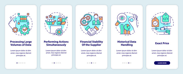 Aspects for assess business tools onboarding mobile app screen. IoT walkthrough 5 steps editable graphic instructions with linear concepts. UI, UX, GUI template. Myriad Pro-Bold, Regular fonts used