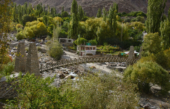 View of Turtuk with the wooden suspension bridge in the Balti village of Turtuk, Nubra Valley, Ladakh, India