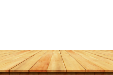 old wooden table isolated on transparent background For product placement empty dark wood shelves