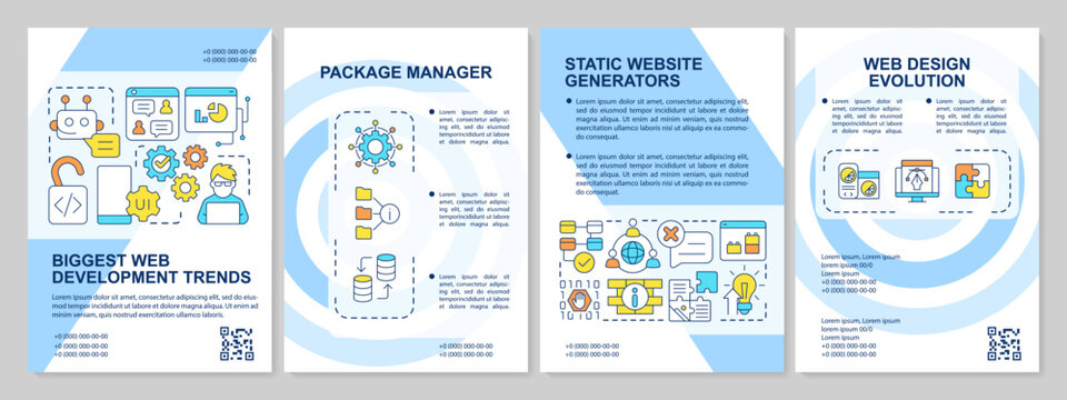 Top digital technology trends blue brochure template. Leaflet design with linear icons. Editable 4 vector layouts for presentation, annual reports. Arial, Myriad Pro-Regular fonts used