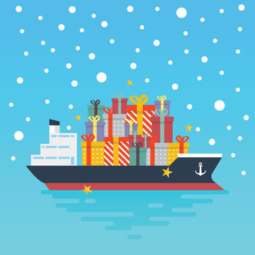 Container cargo ship with gift present boxes