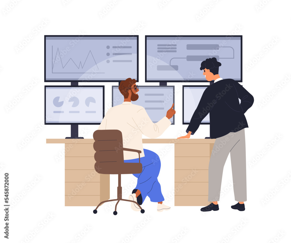 Poster Work with information, cyber security and communication in big data center. People, online markets analysis at multiple-screen computer. Flat graphic vector illustration isolated on white background