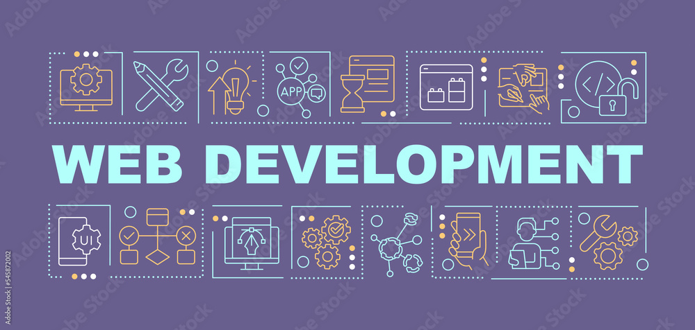 Poster web development word concepts dark blue banner. app production. infographics with editable icons on 