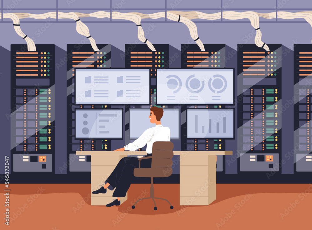 Aufkleber Administrator at computer in server room. Work with information technology, cybersecurity, big data storage, administration, database analysis and cyber security maintenance. Flat vector illustration