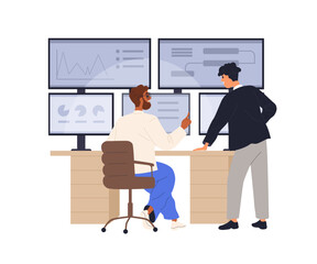 Work with information, cyber security and communication in big data center. People, online markets analysis at multiple-screen computer. Flat graphic vector illustration isolated on white background