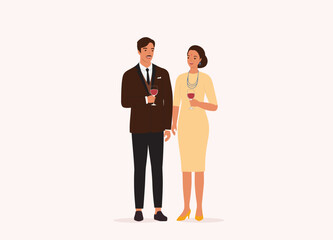 Smiling Young Indian Couple With Formal Wear Having Evening Drink. Full Length. Flat Design Style, Character, Cartoon.