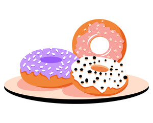Glazed donuts on plate. Sweet food. Dessert. Vector illustration.