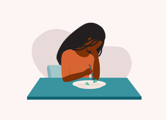 Young Depressed Black Woman Not Feeling Hungry And Just Eating Broccoli For Meal. Eating Disorder. Half Length. Flat Design Style, Character, Cartoon.