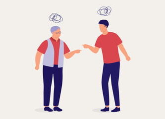 Angry Elderly Father And Son Fighting With Finger Pointing At Each Other. Full Length. Flat Design Style, Character, Cartoon.