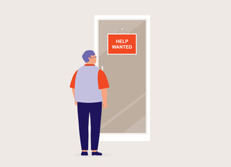 One Senior Man Looking At A “Help Wanted” Sign At The Front Door. Full Length. Flat Design Style, Character, Cartoon.