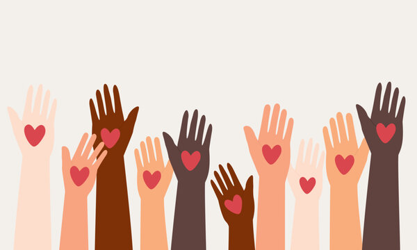Group Of Diverse Hands With Heart Shape Love On Palms Raising Up. Close-Up. Flat Design Style, Character, Cartoon.