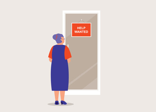 One Senior Woman Looking At A “Help Wanted” Sign At The Front Door. Full Length. Flat Design Style, Character, Cartoon.