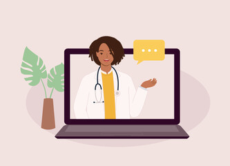 One Smiling Black Female Doctor Giving Online Medical Advice. Telemedicine. Telehealth. Half Length. Flat Design Style, Character, Cartoon.